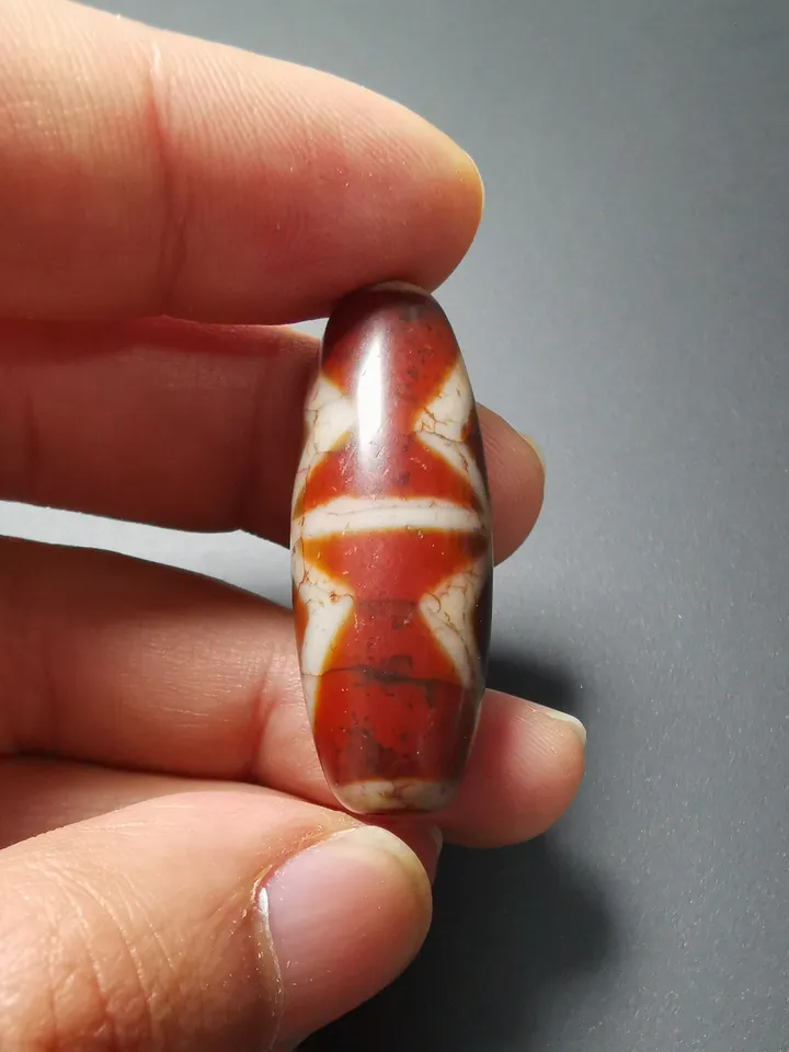 Gandhanra Ancient Tibetan Fire Agate Phum Dzi Bead with Dorje Vajra Pattern(1.58" * 0.55"), Protective Amulet for Vajrayana, zee Bead