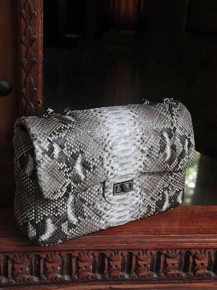 Genuine python skin classy stitched big gray crossbody | designer women leather handbag | snakeprint bag | crossbody purse | gift for her