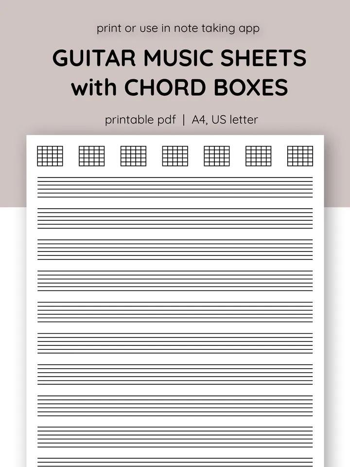Printable guitar sheet music. Blank music tab sheets for guitar. Downloadable guitar.Blank guitar sheet with chord boxes