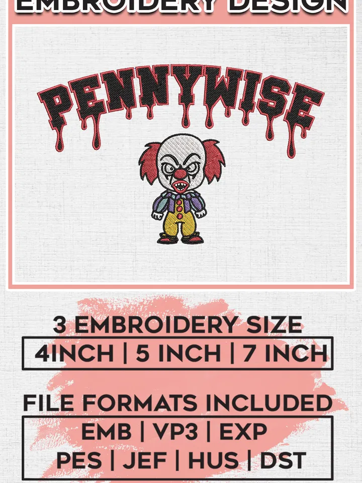 Chibi IT Pennywise Horror Character Drop Name Embroidery designs, Horror Character Machine embroidery designs, Halloween embroidery files, Machine Embroidery Digitized Pes Files, Digital Download