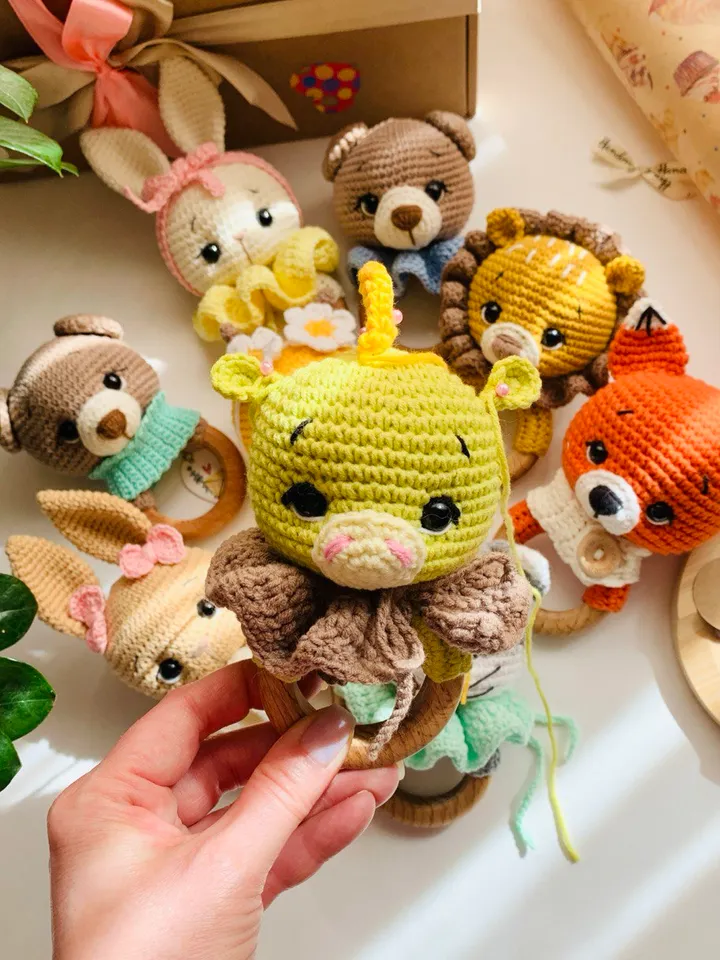 Crochet Pattern Rattle, toy for baby toddlers, Crochet Cute, Amigurumi Little Hands Toy, Plush Animal Bear, Bunny, Lion, Cat, Bee, Fox, Dragon”