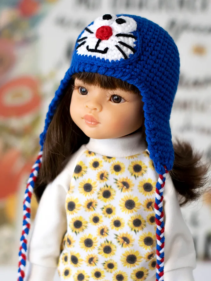 Cat Doraemon hat for 13" dolls Paola Reina, Meadowdolls Dumplings, Siblies, Little Darling, doll outfit for Halloween