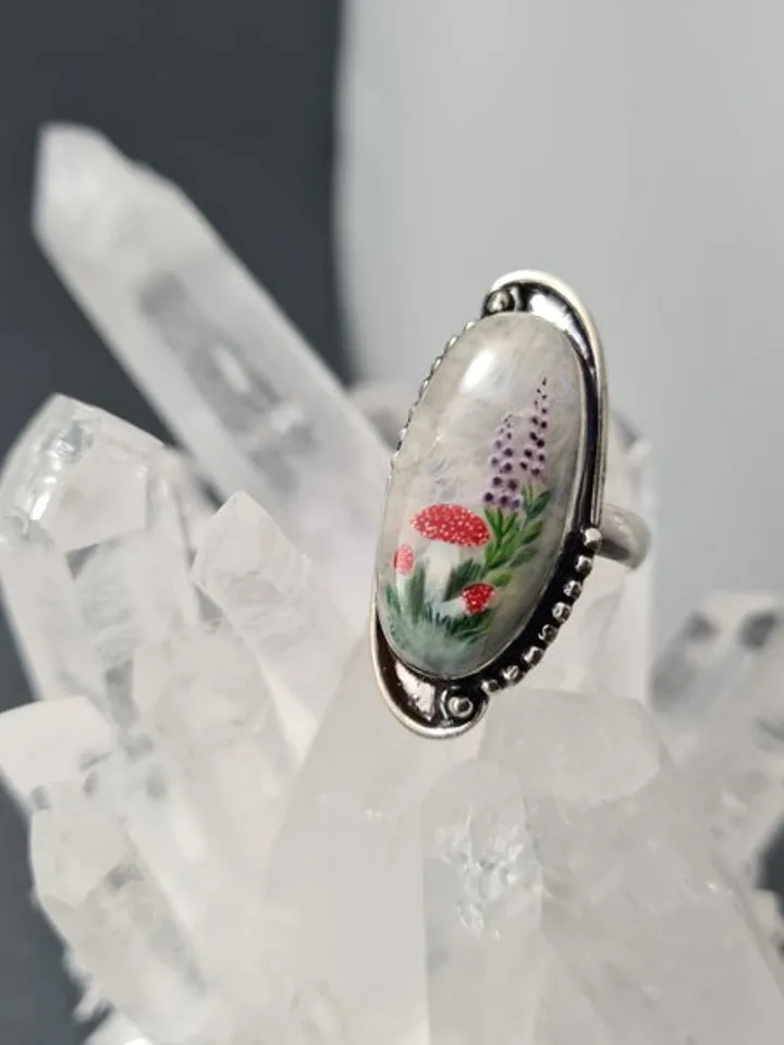 Moonstone ring Stone painting fly agaric Aaa large Moonstone ring 飛木耳環