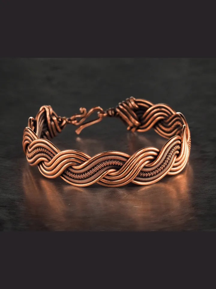 Wire wrapped bracelet, Unique 7th 22nd Anniversary gift idea, Art Nouveau antique style, One of kind braided statement bangle, Handmade oxidized pure copper jewelry, Pain relief, EMF protection