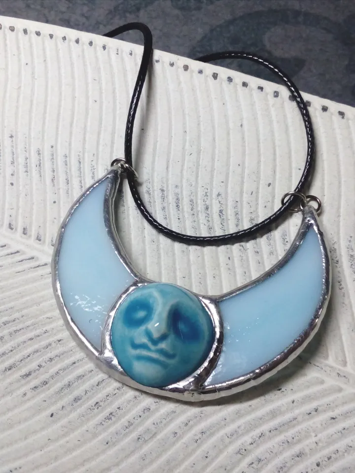 Stained glass blue moon, moon phase necklace, stainglass crescent, full moon pendant, moon face