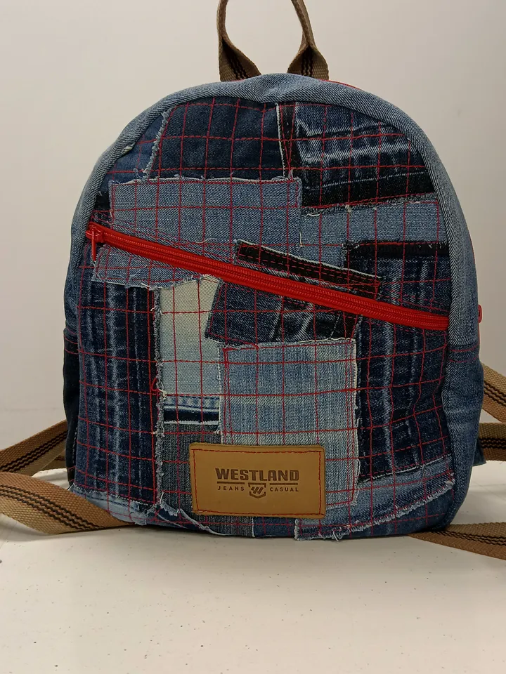 Stylish HANDMADE denim BACKPACK WITH a DEEP POCKET IN THE FRONT IN the lazy boro Patchwork STYLE