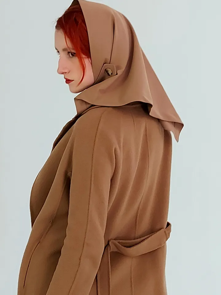 Headscarf women's waterproof head scarf made of cotton raincoat with a button in camel color spring 2024 headwear, fashion accessory