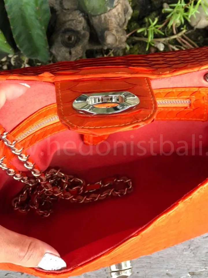 Orange Genuine Python Skin Bag | Exotic lethaer Bags | Leather Women Chain Crossbody | Classy Summer Bag | Leather Handmade Bags | Purses