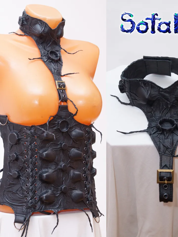 Women's stylish genuine leather suit jacket bolero corset shorts suspenders collar mask "Shiva". Leather costume.