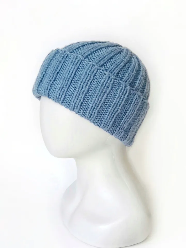 Handcrafted Light Blue Men's Winter Beanie: Luxurious Cashmere-Merino Wool Blend, Ribbed Texture, Cozy and Warm Knit Hat. FREE SHIPPING!