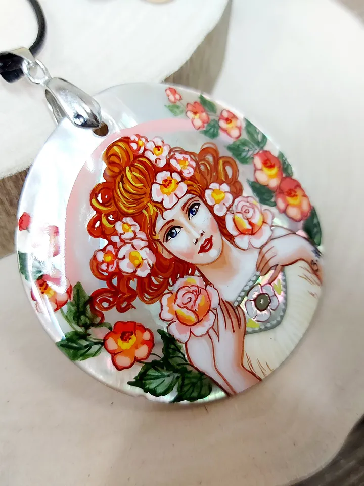 Pearl pendant necklace: Rose by Alphonse Mucha on aesthetic pendant. Handmade Floral jewelry with abalone mother-of-pearl. Gift for mother