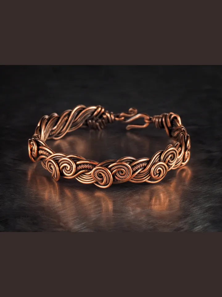 Wire wrapped bracelet, Unique 7th 22nd Anniversary gift idea, Art Nouveau antique style, One of kind braided statement bangle, EMF protection, Handmade oxidized pure copper jewelry, Pain relief