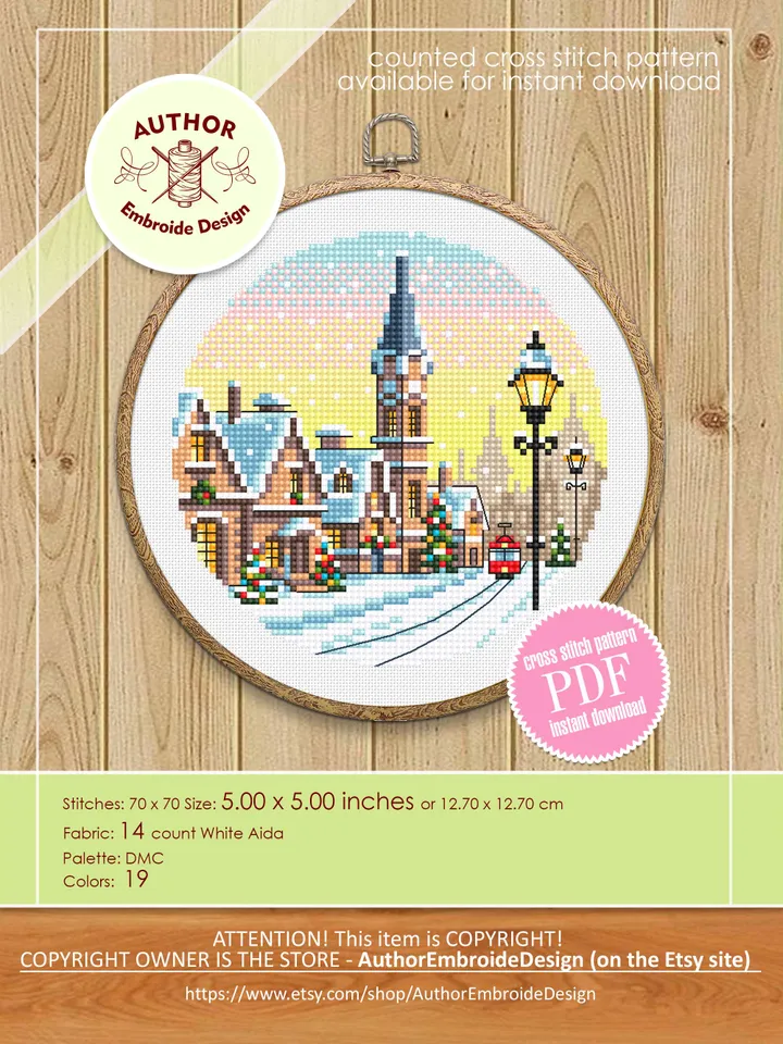 Christmas city cross stitch pattern PDF download Winter landscape cross stitch, Christmas pattern digital PDF, Snow pattern beginner #N178