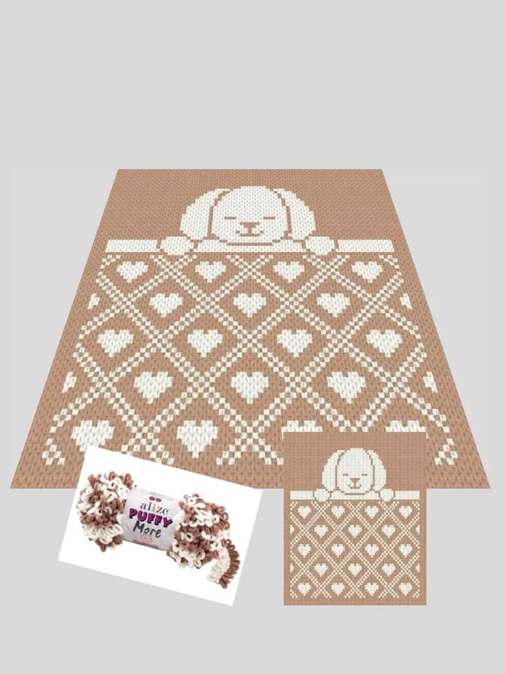 Loop yarn Finger knitted Sleeping Puppy blanket pattern