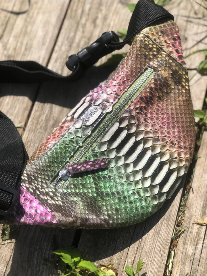 Genuine Python Skin Fanny Pack  Bronze Green Milticolor  | Leather Belt Bag| Unisex Fanny Pack | Exotic Leather Bags | Snake Print Bag