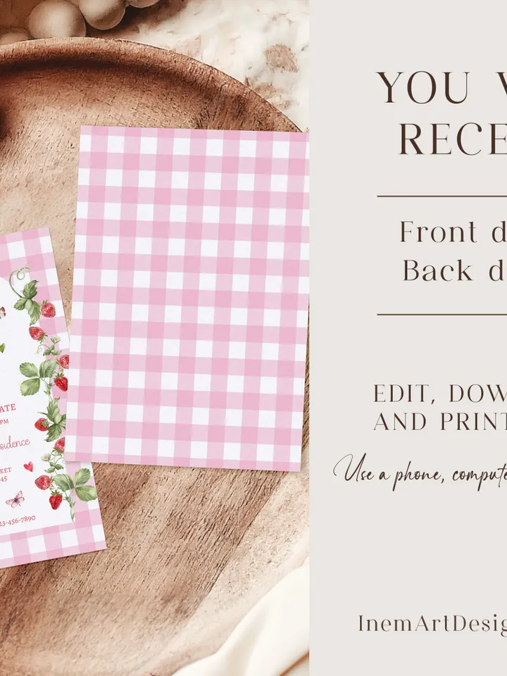 EDITABLE Pink Gingham Berry First Birthday Invitation, Berry First Birthday Digital Invitation Birthday, Strawberry First Birthday Invite