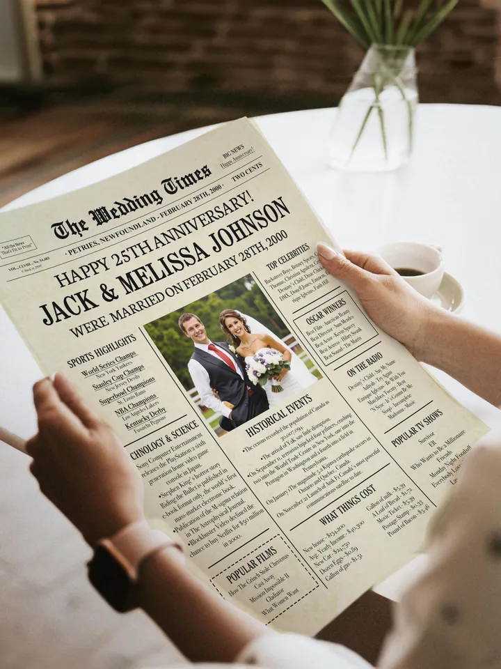25th wedding anniversary gift for couple, 25th anniversary gifts for husband, silver wedding anniversary gift, 2000 anniversary newspaper