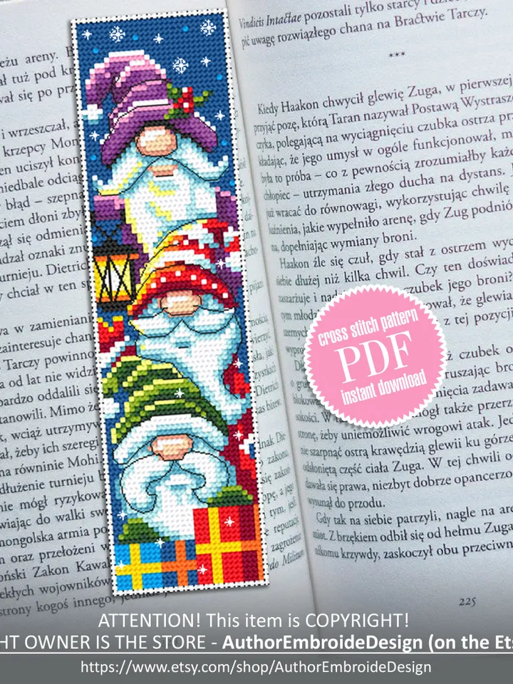 Gnome bookmark cross stitch pattern download PDF Christmas gnome cross stitch chart, Funny handmade bookmark digital PDF Gnome pattern #B101