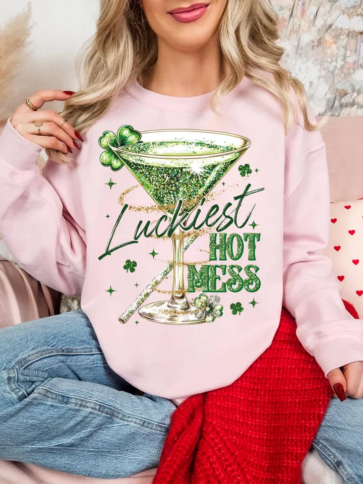 Luckiest Hot Mess PNG, Funny Drinking Martini png, Alcohol St Patricks Party png, Adult Humor Png, Lucky Sarcastic Shirt, Shamrock png