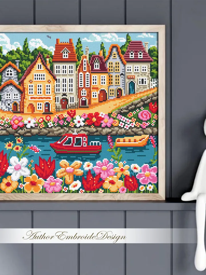 Summer houses cross stitch pattern PDF download Nature landscape cross stitch chart, Flower village pattern digital PDF, Home decor #E17