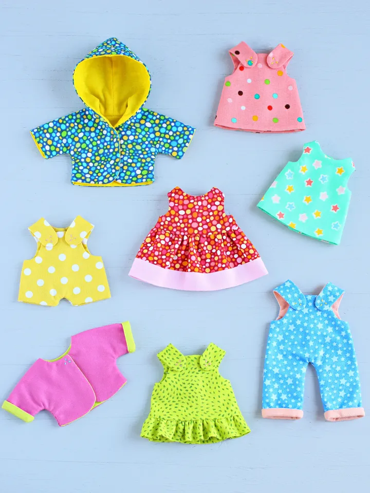 5 PDF Four 16 cm (6″) Mini Rag Dolls with Summer Capsule Wardrobe (8 pieces) Sewing Patterns Bundle
