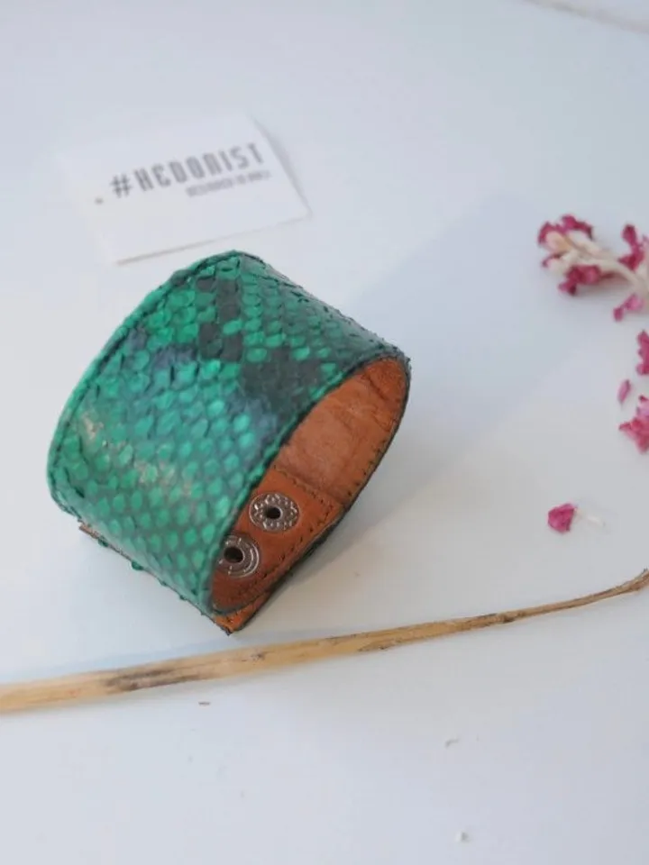 Green Python Skin Bracelet | Flat Woman Buttoned Exotic Leather Bracelet | Wide Leather Bracelet | Women Jewerly | Snake Skin Bracelet