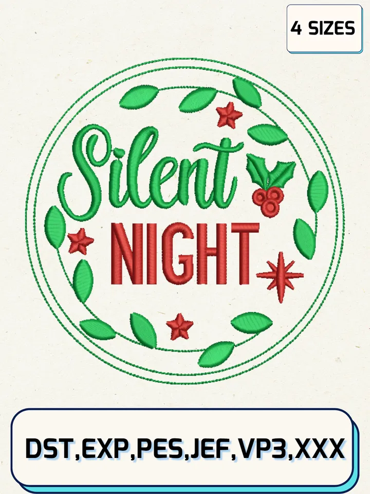 Silent Night Christmas Embroidery Designs,Christmas Embroidery Designs,Machine Embroidery Files,4 Sizes