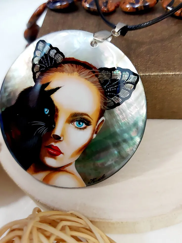 Mother-of-pearl Russian hand-painted necklace pendant "Сatwoman" Jewelry Russian jewelry magic of painting fine art jewelry Fedoskino