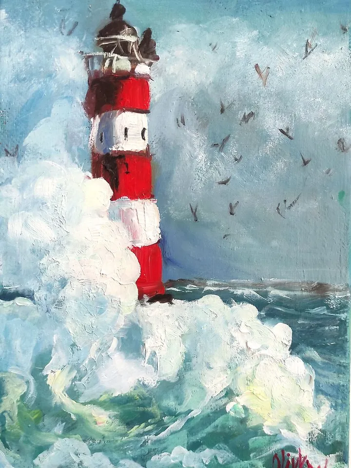 Seascape Original Art Lighthouse Oil Painting Lighthouse Impasto Sea Wall Art