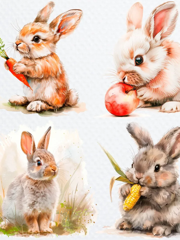 15 PNG Fluffy Bunny Bundle, Rabbit Clipart, Printable Watercolor clipart for sublimation, Digital download, Paper craft, junk journals