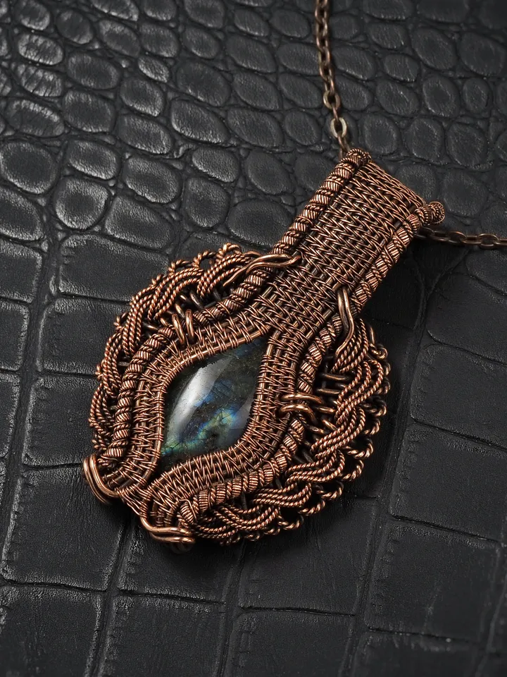 Labradorite pendant for women Wire wrap copper necklace Handmade artisan jewelry