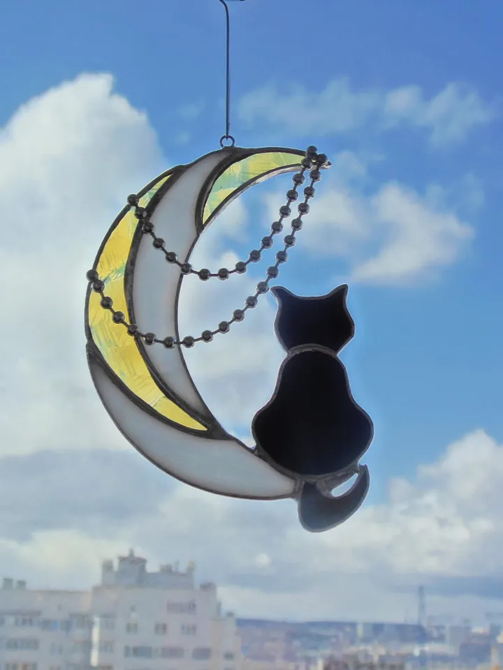 Black Cat On Moon with Chains . Art stained glass hanging Suncatcher . Gift for animal lover , pet loss memorial . White , yellow , black