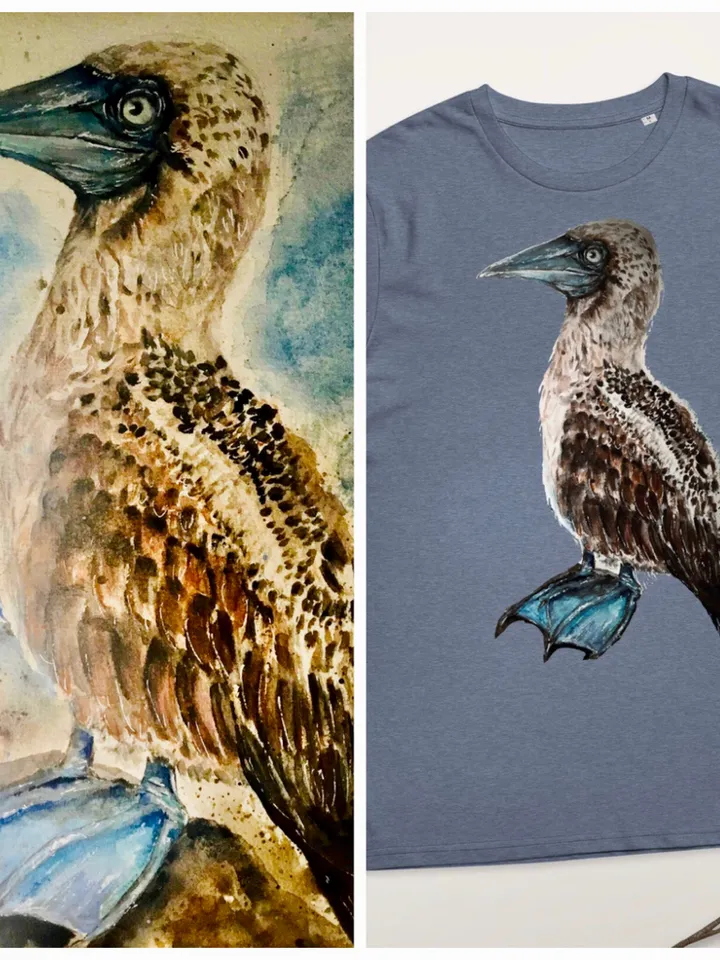 Blue footed booby unisex organic t shirt made with my original watercolor painting,unique handmade wearable gifts,exotic animals t shirts.