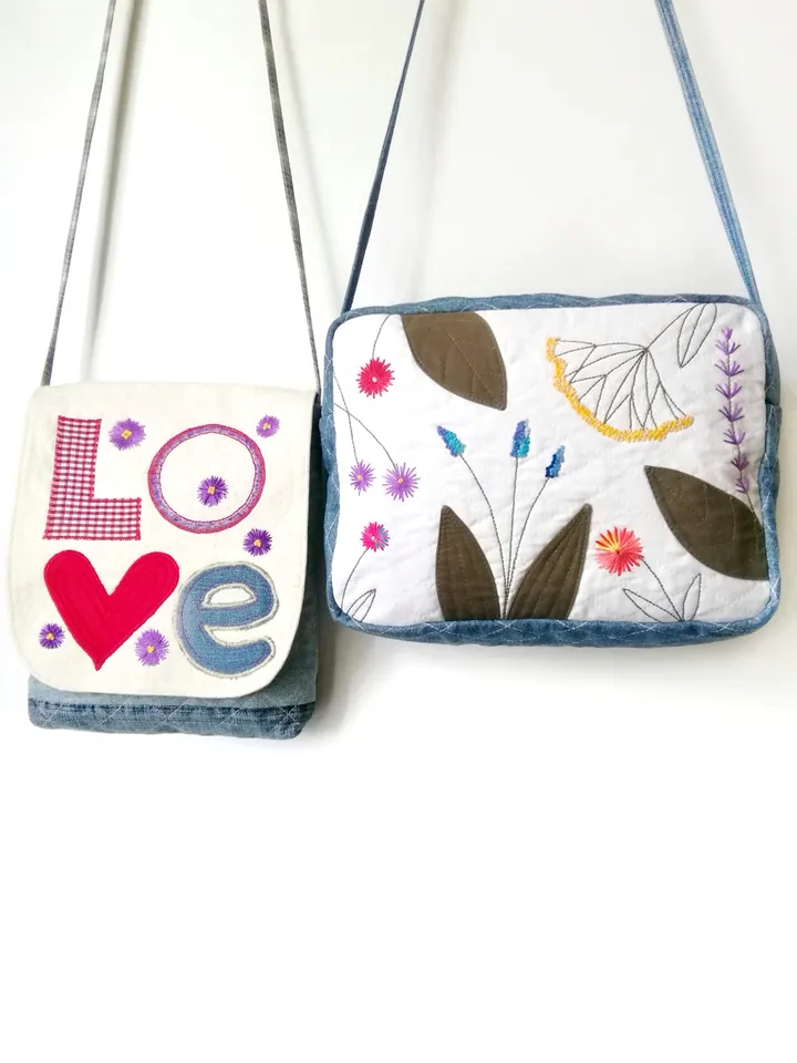 Handcrafted Denim Shoulder Bags: Handmade Embroidered Fabric Women's Handbags - Functional Accessories in Boho Style. FREE SHIPPING!