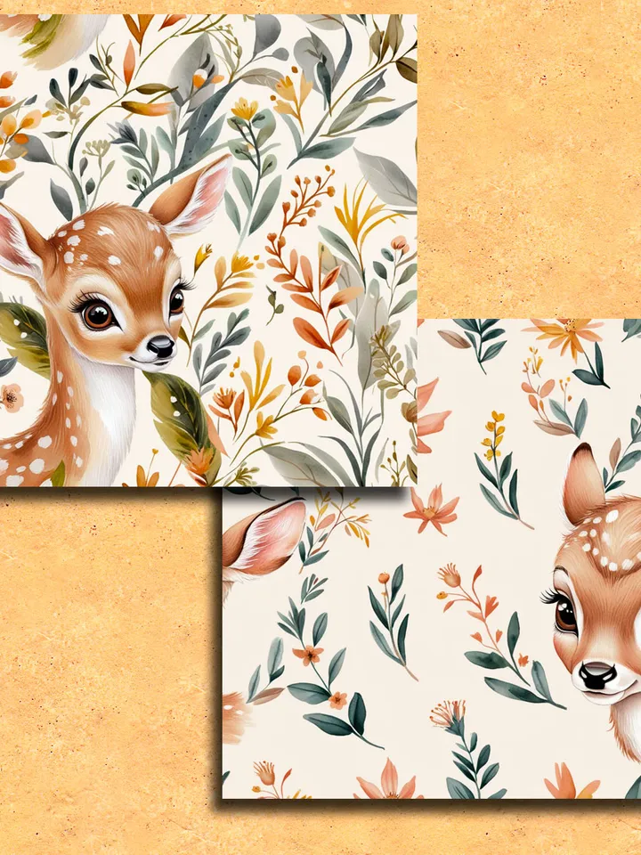 Seamless patterns with cute deer 14 pieces. Unlimited commercial use digital print files. Instant download.