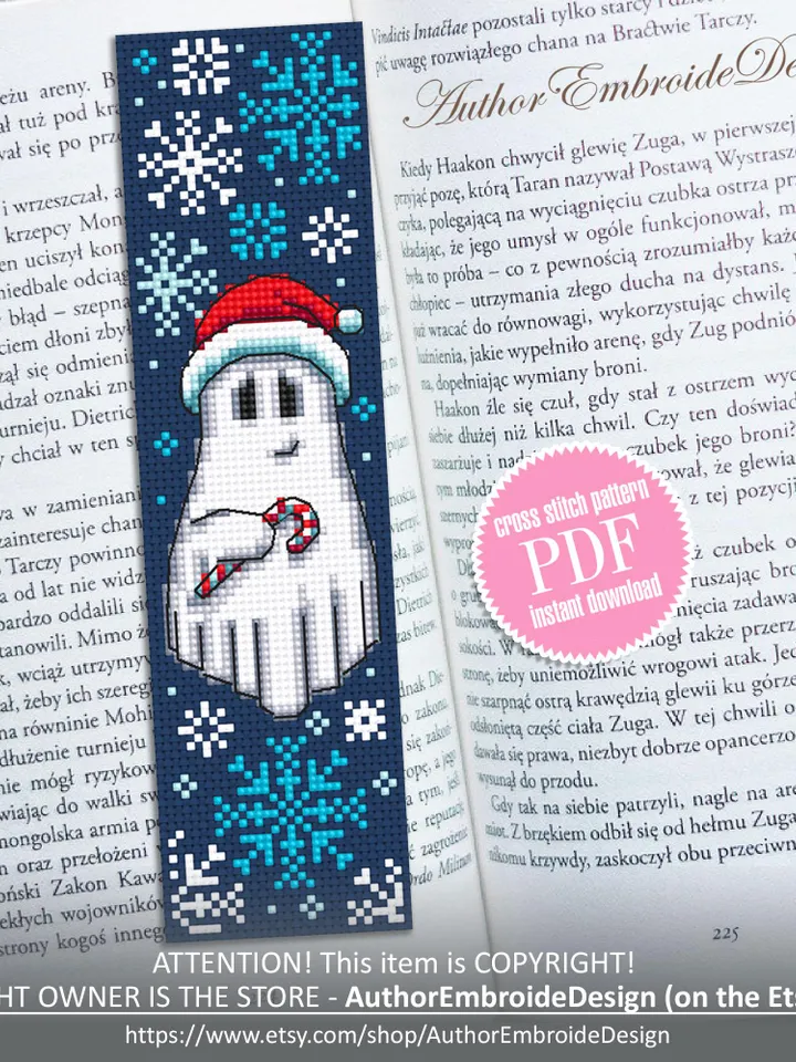 Christmas ghost bookmark cross stitch pattern PDF download Ghost cross stitch chart, Christmas bookmark pattern digital PDF, Snowflake #B368