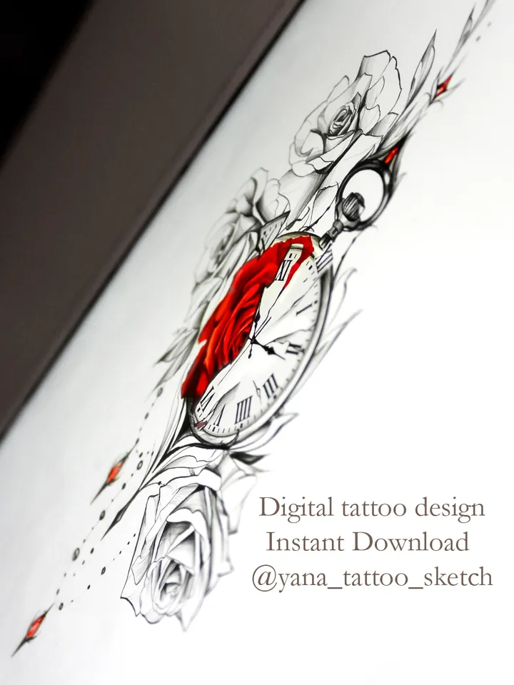 Pocket Watch Tattoo Design Pocket Watch Tattoo Stencil Drawing Idea, Instant download PDF, JPG