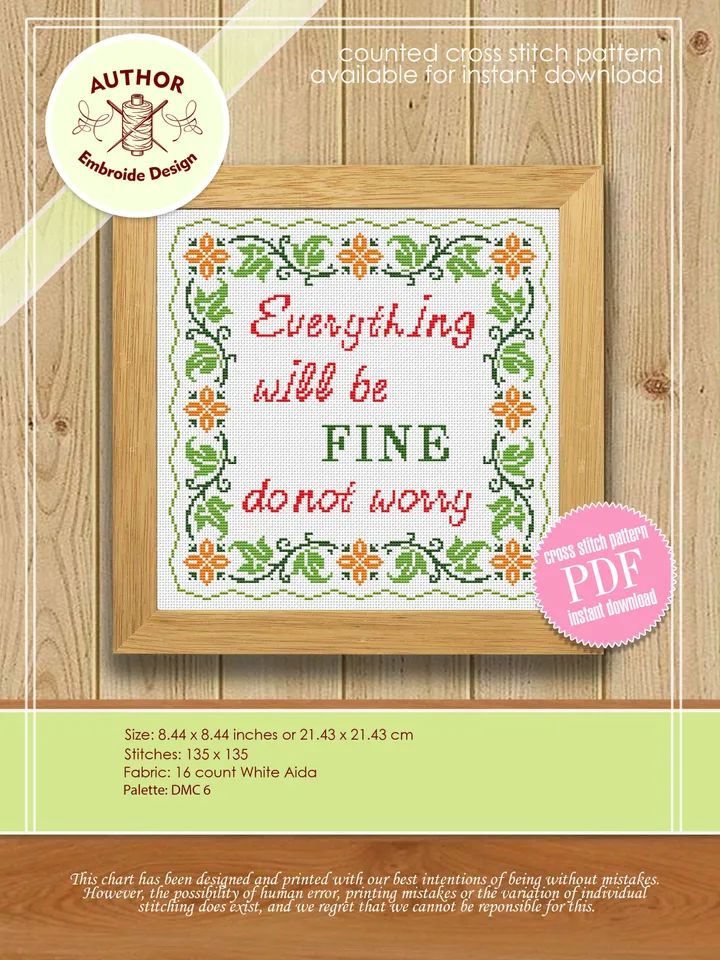 Framed quote cross stitch pattern PDF Everything will be fine Floral frame cross stitch download PDF, Folk ornaments hand embroidery #Q2