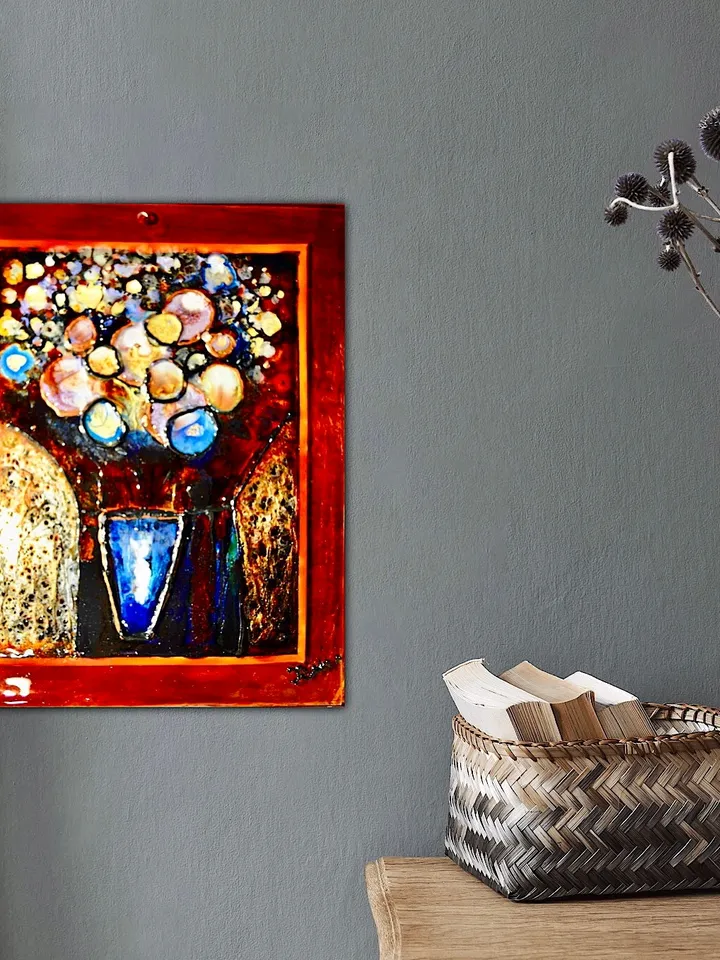 Flowers in a vase suncatcher, flowers painting on glass ,fantasy glass painting, double side painted glass panel, unique gift, home decor