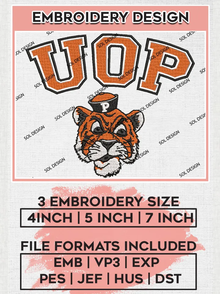 NCAA UOP Tigers Team Logo Embroidery Design Files, NCAA Pacific Tigers Machine Embroidery, NCAA Teams, Game Day, 3 sizes, NCAA Machine embroidery designs, Digital Download