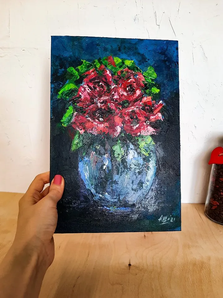 Red roses painting Original acrylic painting Flower painting Abstract still life