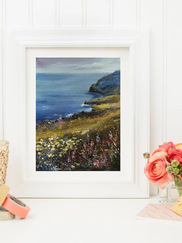Original Oil Seascape Painting Beach Oil Painting Wildflower Artwork