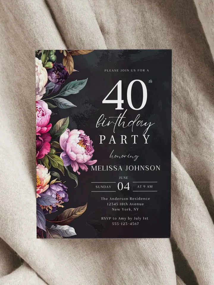 Modern 40th Birthday Canva Template – Moody Burgundy & Blush Peony Floral Invitation, Elegant Dark Background Birthday Party Invite
