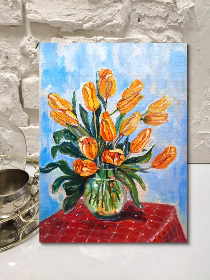 Tulips Art Floral Original Oil Painting Impasto Oil on Canvas