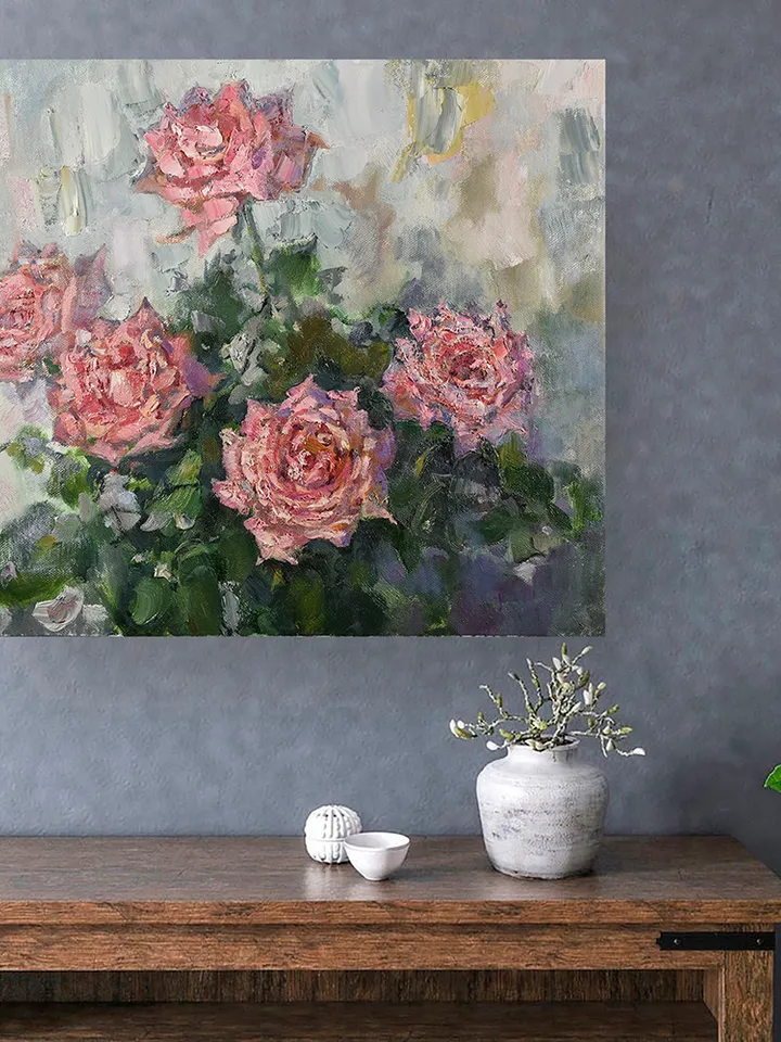 Roses Painting Red Flowers Artwork Floral Canvas Original Art Impressionism 油畫原作
