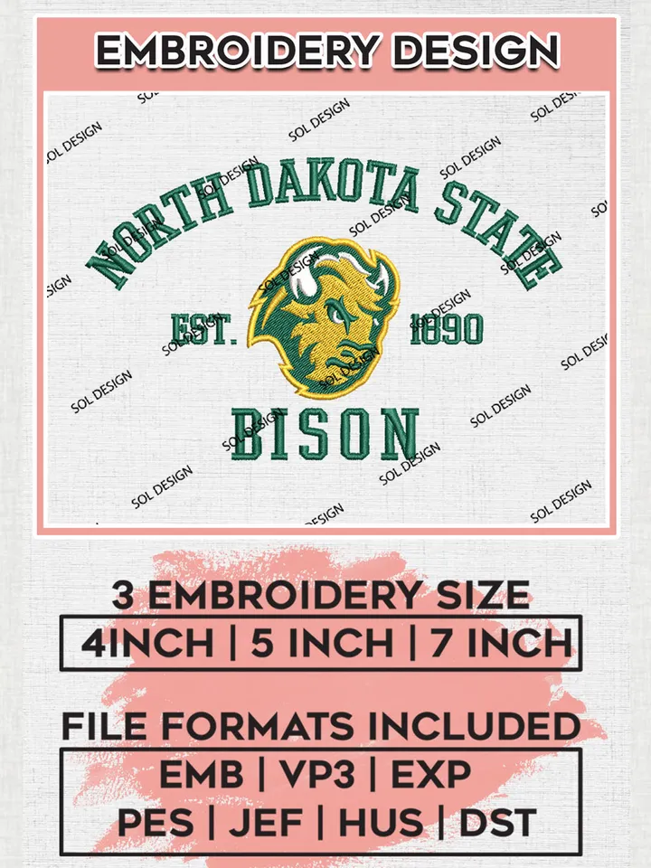 North Dakota State Bison Est 1890 Logo Embroidery Designs, NCAA North Dakota State Bison Team Embroidery, NCAA Team Logo, 3 sizes, Machine embroidery Files, Digital Download