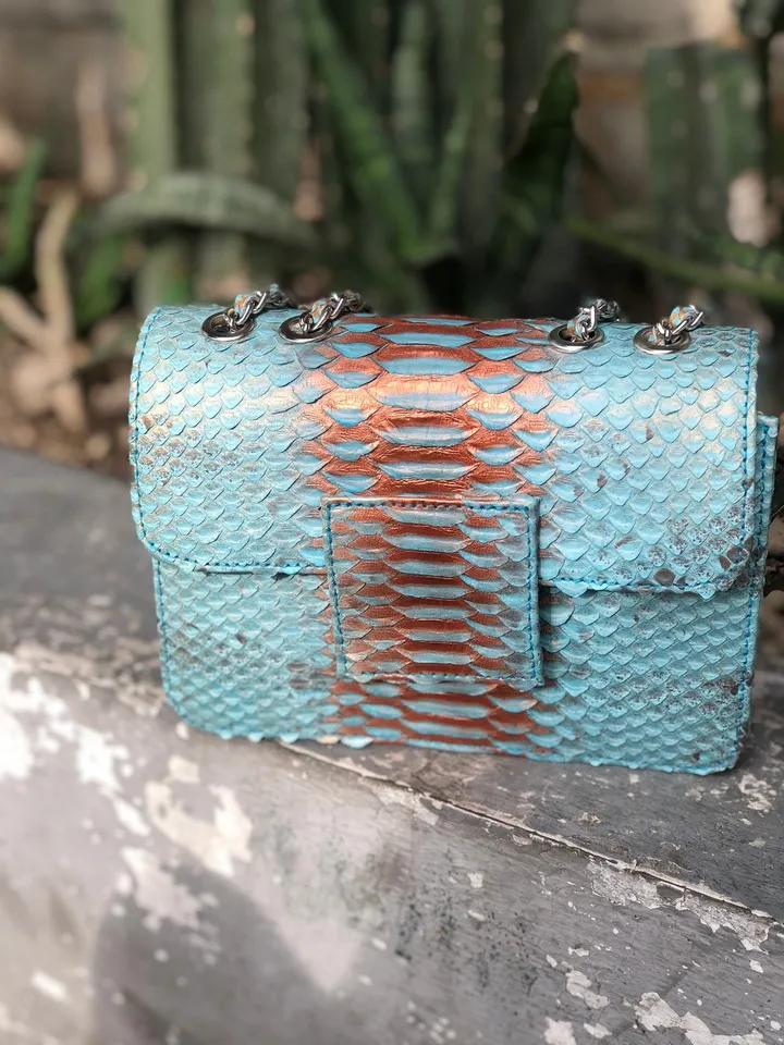 Small Shiny Genuine Python Skin Crossbody Bag | Designer Leather Bag | Evening Chain bag | Exotic Leather Bag | Woman Evening Bag Light Blue