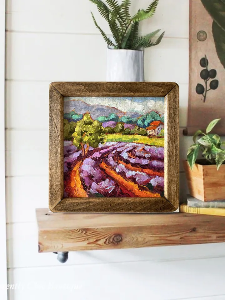 Lavender Fields Painting Tuscany Original Art Landscape Oil Painting Impasto Small Artwork 6x6 Tuscan Serenity Painting Wild Flowers