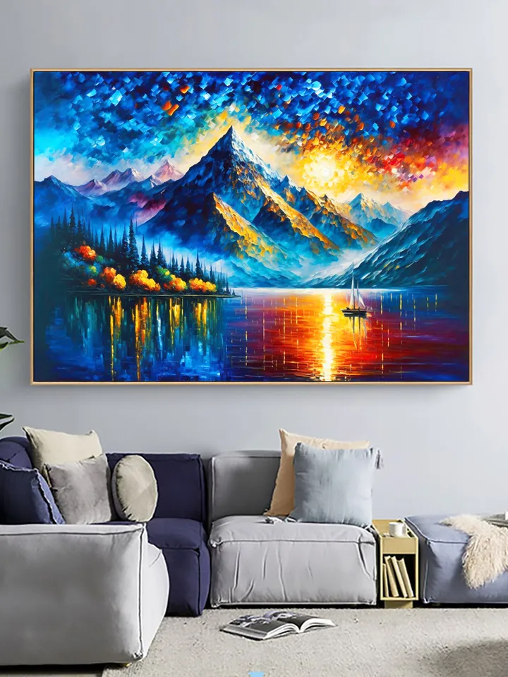 Large Original Mountain Scenery Oil Painting On Canvas, Abstract Lake View Painting, Colorful Landscape, Custom Painting, Bedroom Wall Art