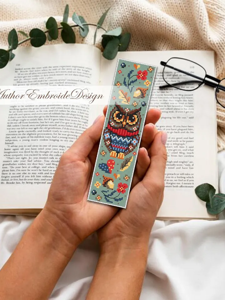 Bird bookmark cross stitch pattern PDF download Scandinavian folk owl cross stitch chart, Autumn bookmark pattern digital PDF #B429